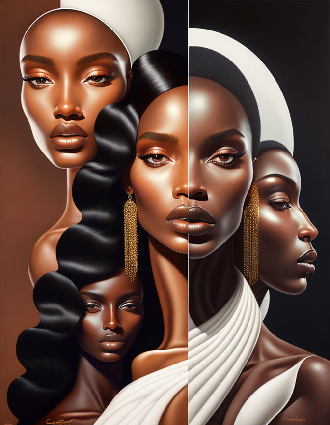 Three Women with Elegant Hairstyles and Headwraps in Warm Color Palette