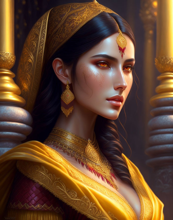 Digital Artwork: Woman in Ornate Traditional Attire with Gold Jewelry