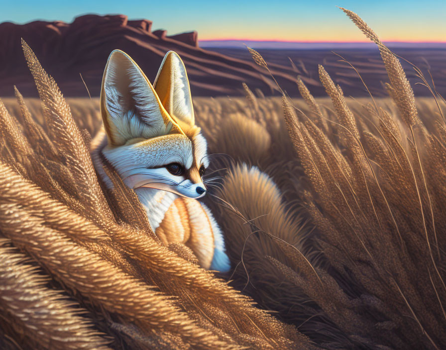 Fennec fox in golden grasses with desert dunes backdrop