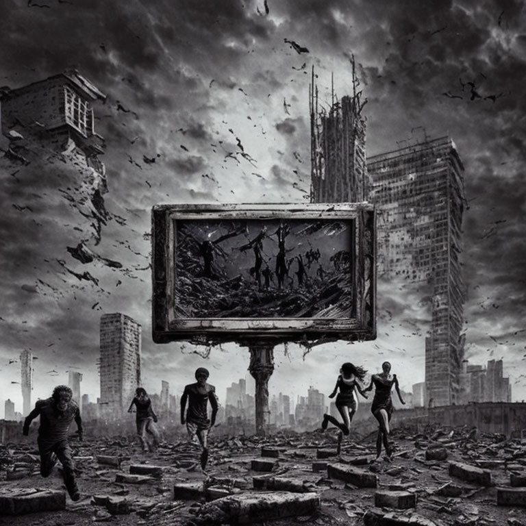 Monochrome dystopian scene with floating structures and silhouettes on large screen