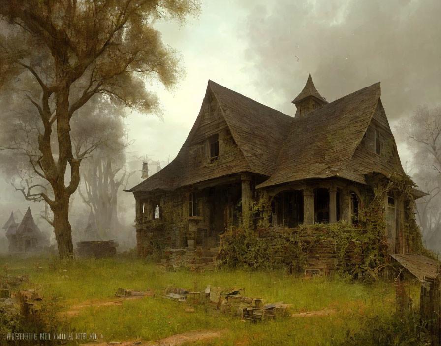 Eerie digital artwork of abandoned wooden house in misty setting