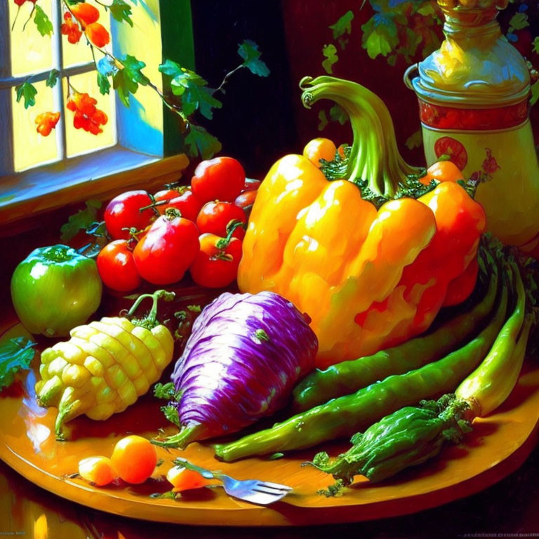 Colorful Vegetable Still Life Painting by Sunny Window