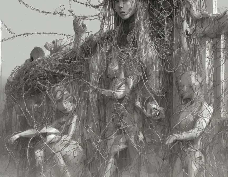 Monochromatic artwork: Central figure in tangled branches with multiple faces and hands