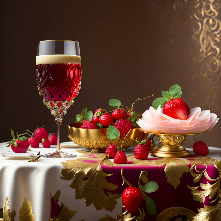 Elegant table setting with red drink, strawberries in gold bowl, and single bloom