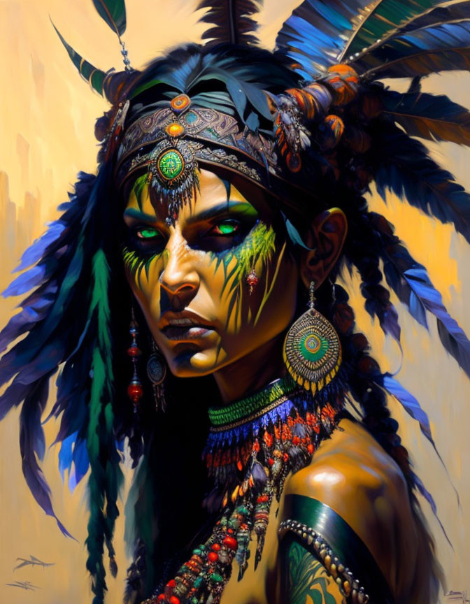 Indigenous-inspired person in feather headdress and face paint on earth-toned background