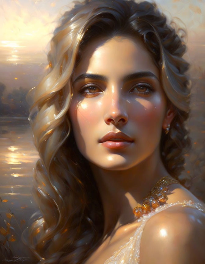 Portrait of woman with wavy hair in gold dress against golden-lit background