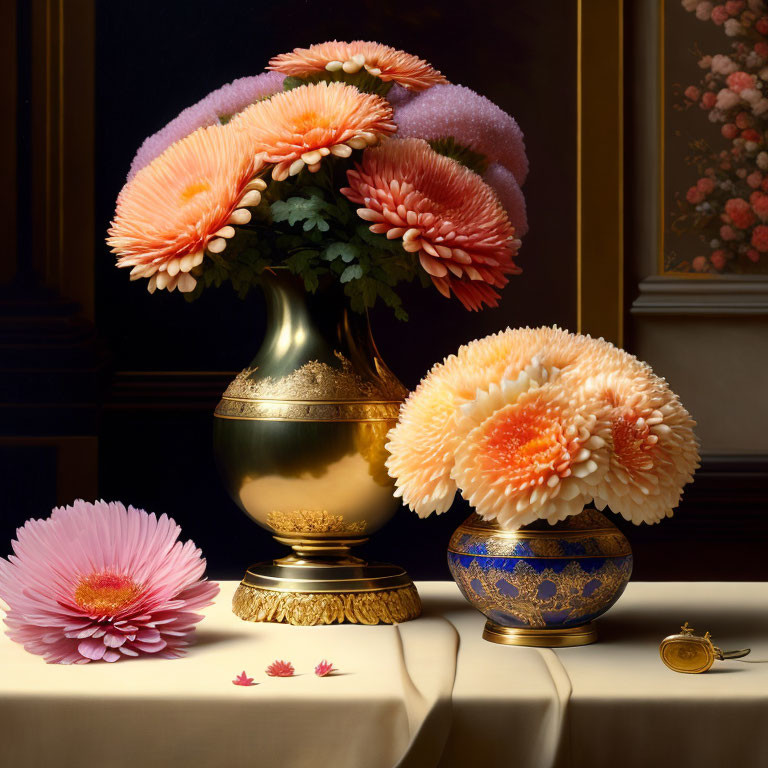 Pastel-colored flower vase still life with ornate bowls and pocket watch