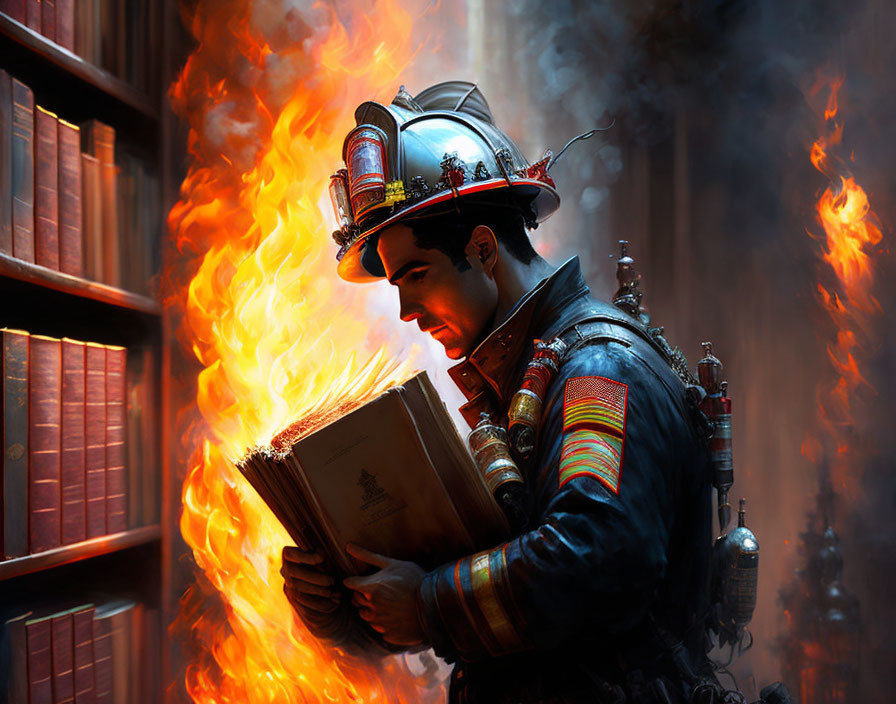 Firefighter reading book in burning library.