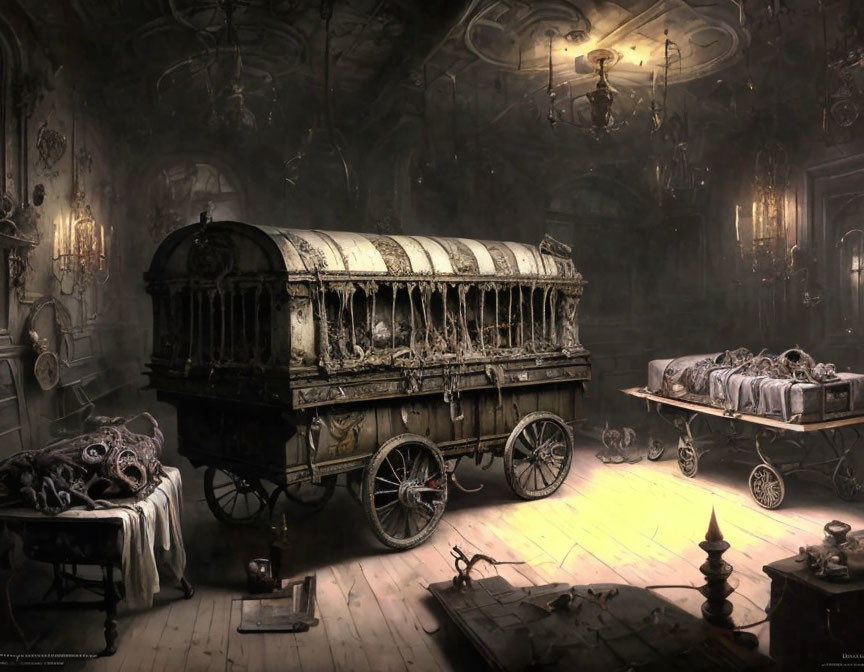 Vintage circus wagon in eerie room with masks, chandeliers, and cobwebs