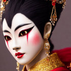 Elaborately adorned traditional Asian puppet in red and gold costume.