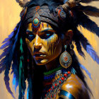 Indigenous-inspired person in feather headdress and face paint on earth-toned background