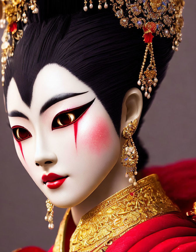 Elaborately adorned traditional Asian puppet in red and gold costume.