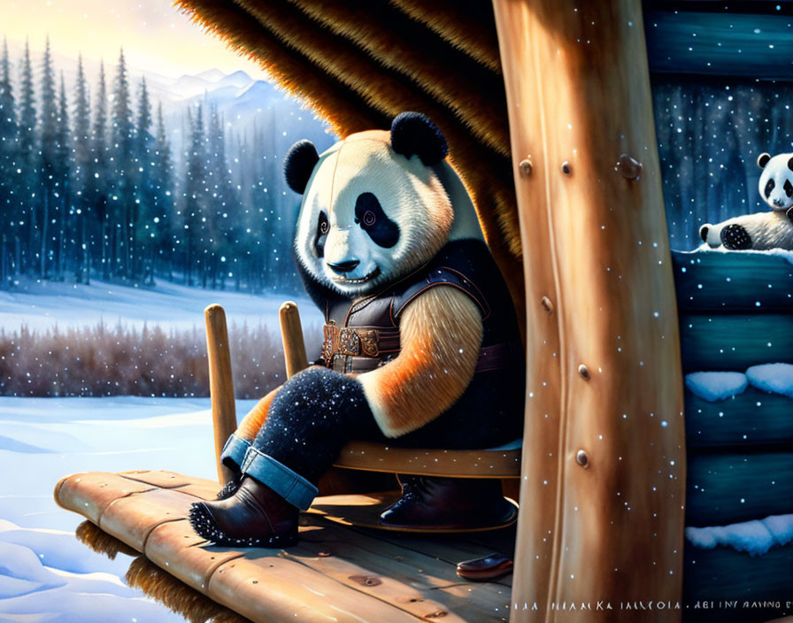 Anthropomorphic panda in vest and boots on snowy porch with another panda peeking.