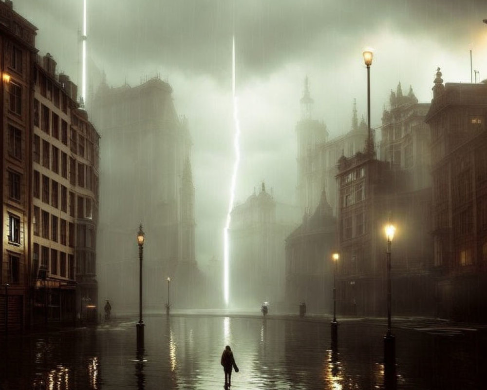 Solitary figure in thunderstorm on wet city street