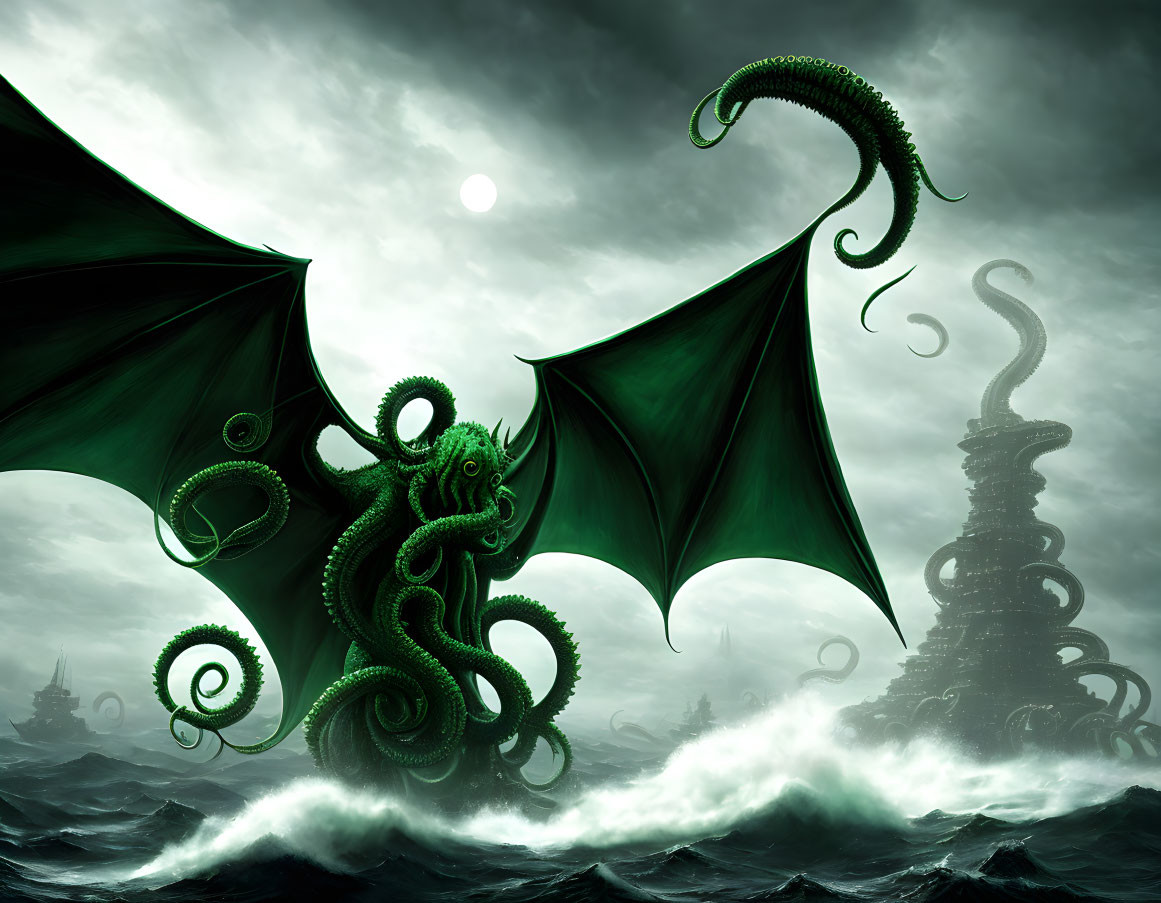 Green dragon with tentacles flies over stormy seas near tower-like structures