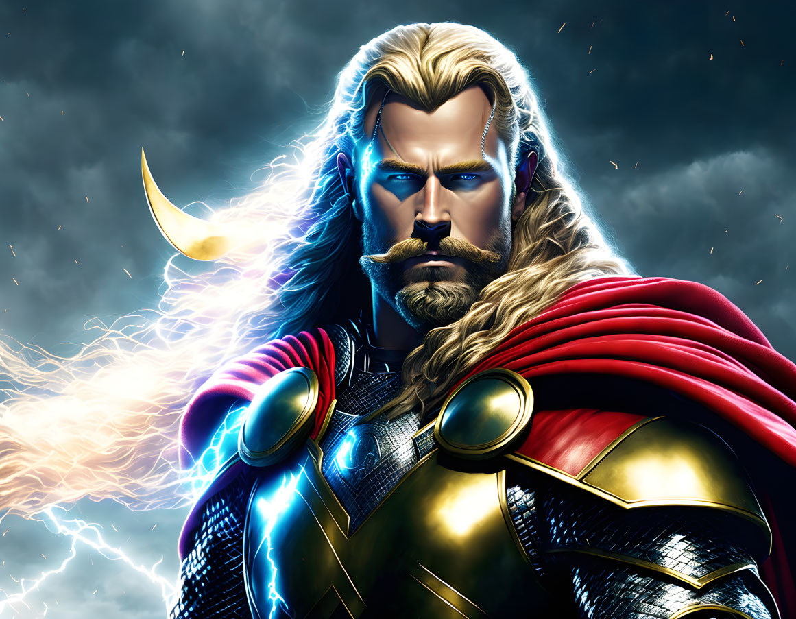 Norse God-Themed Superhero with Red Cape and Hammer