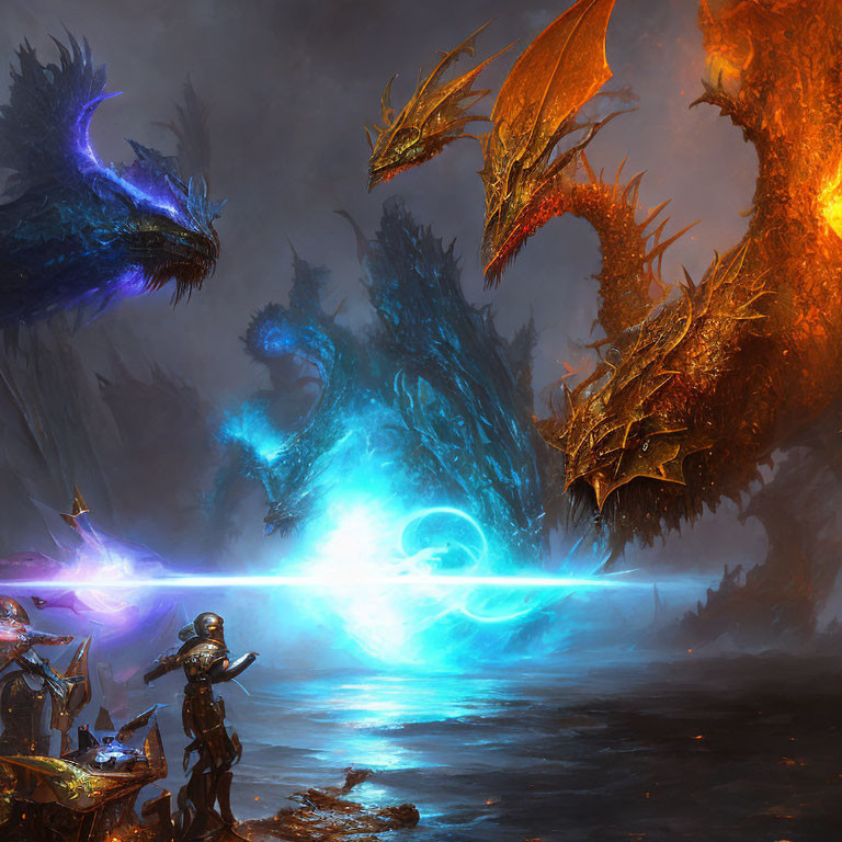 Armored figure confronts three dragons in dark fantasy scene