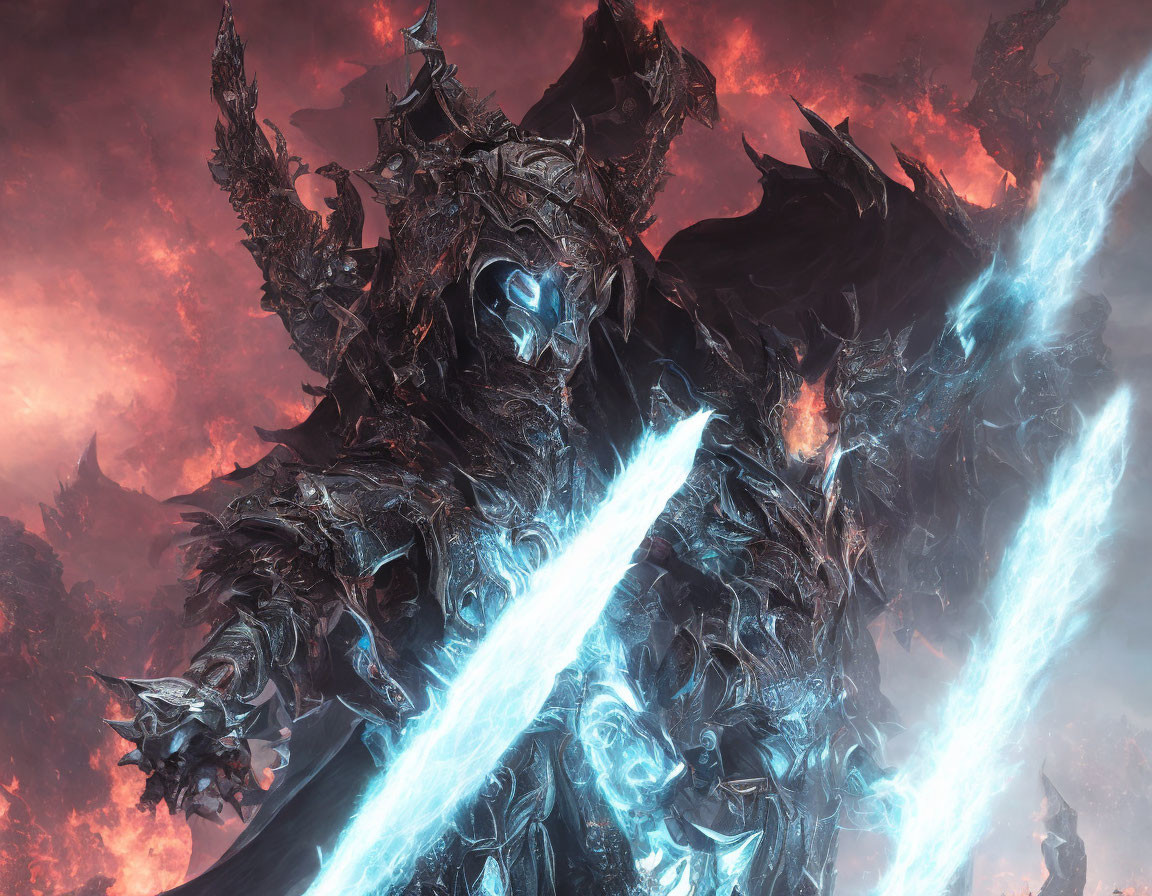 Armored figure with glowing blue eyes and blue sword in fiery red clouds