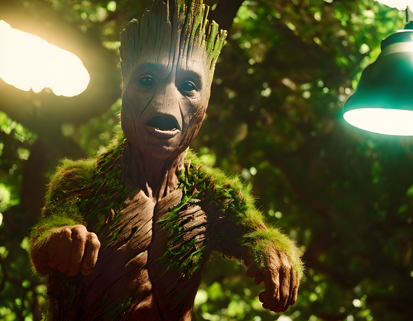 Green foliage humanoid creature under spotlights with curious expression