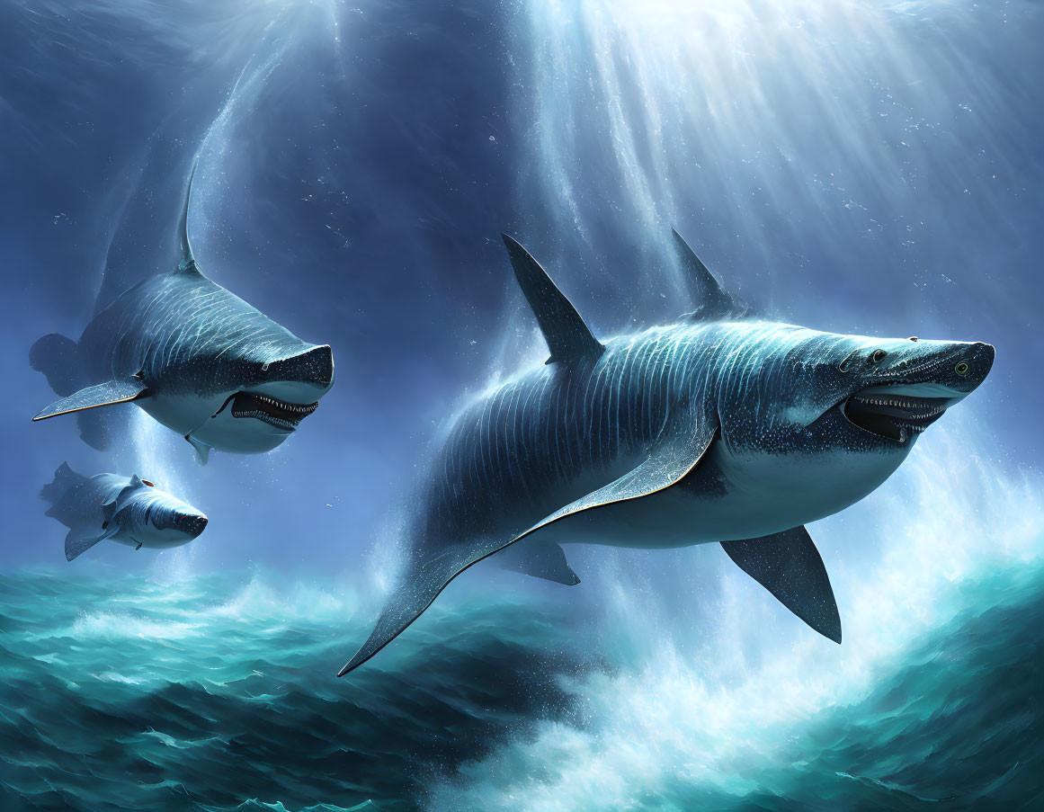 Three megalodon sharks swimming in underwater sunlight