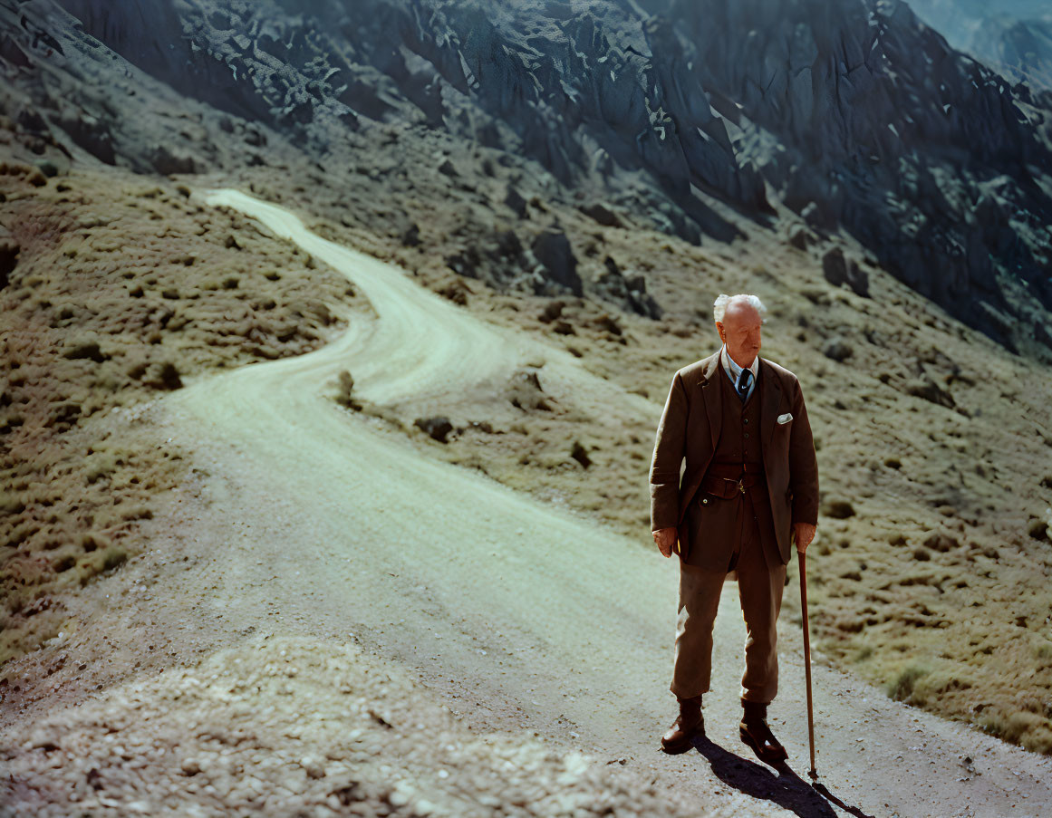 Elderly man with cane on winding dirt road among rocky hills