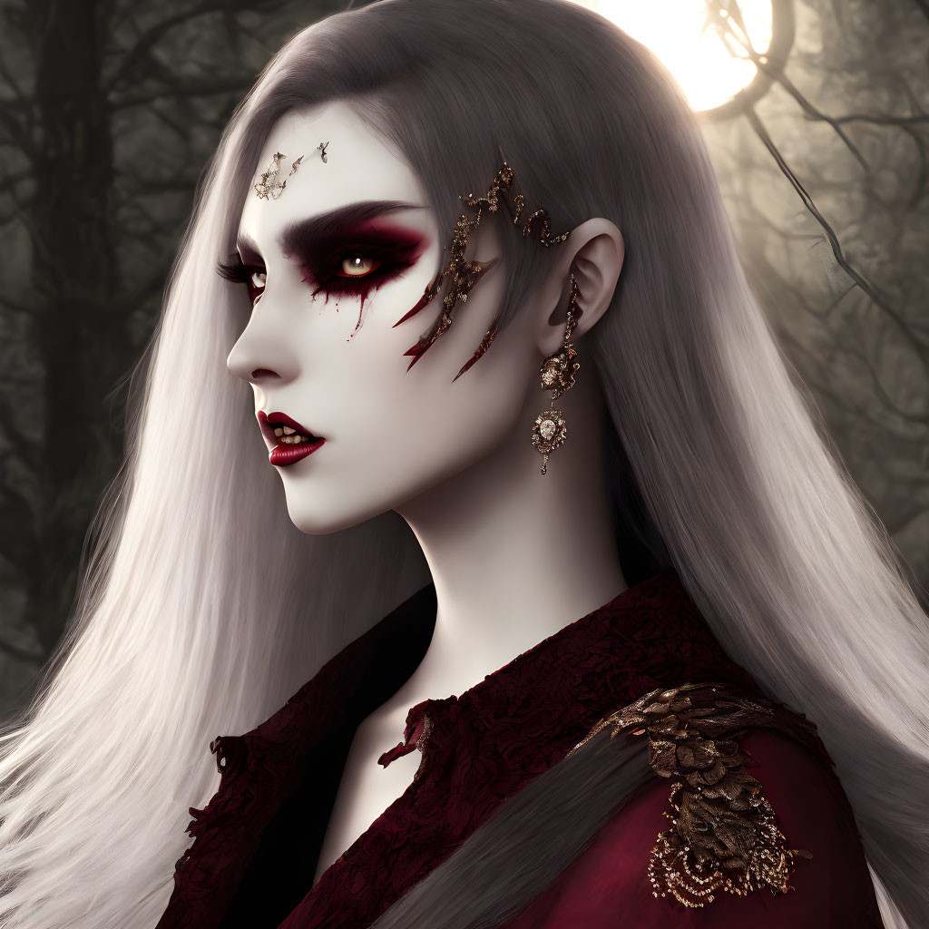 Pale woman with dark eye makeup and red tears in misty forest setting