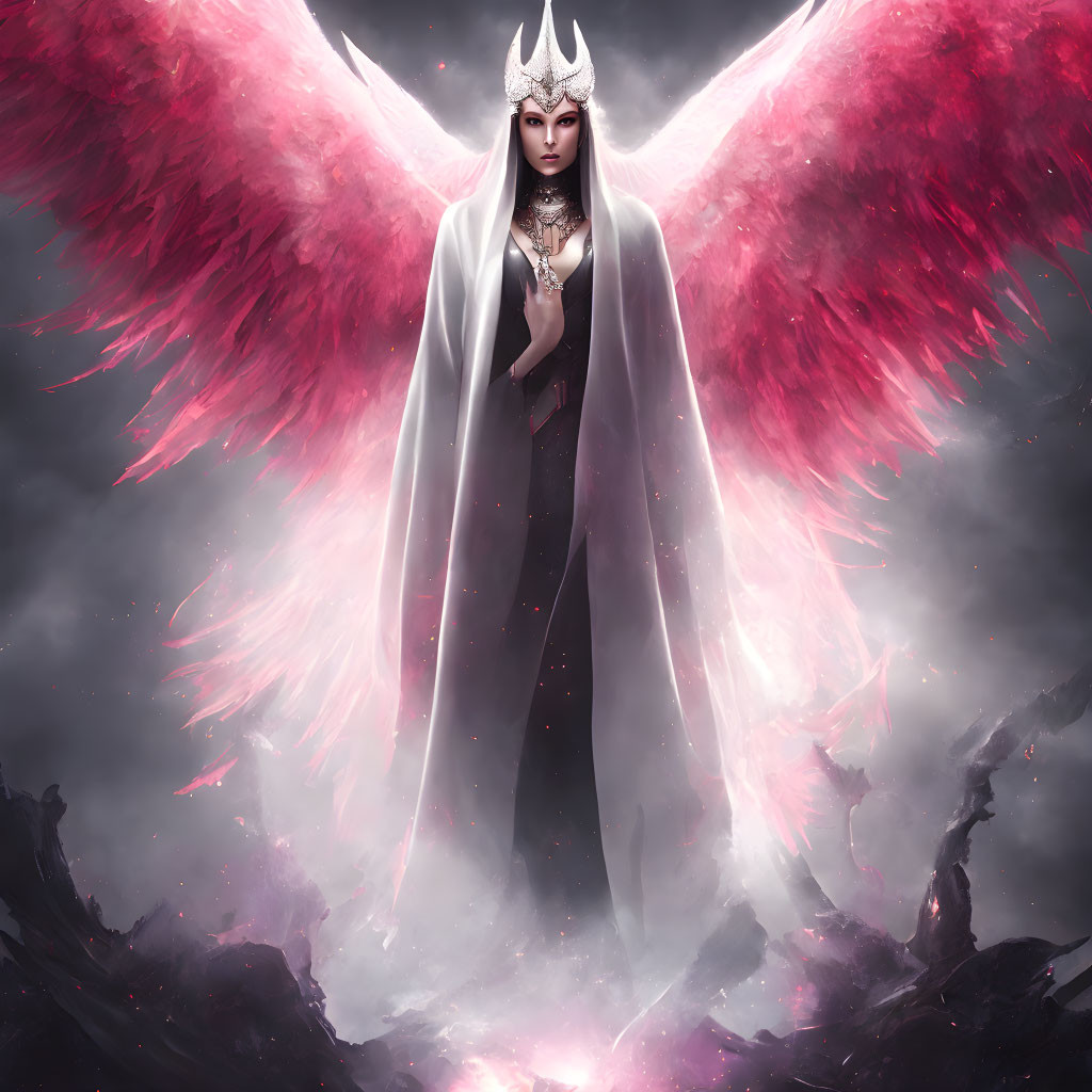 Regal figure with pink wings and crown in stormy setting