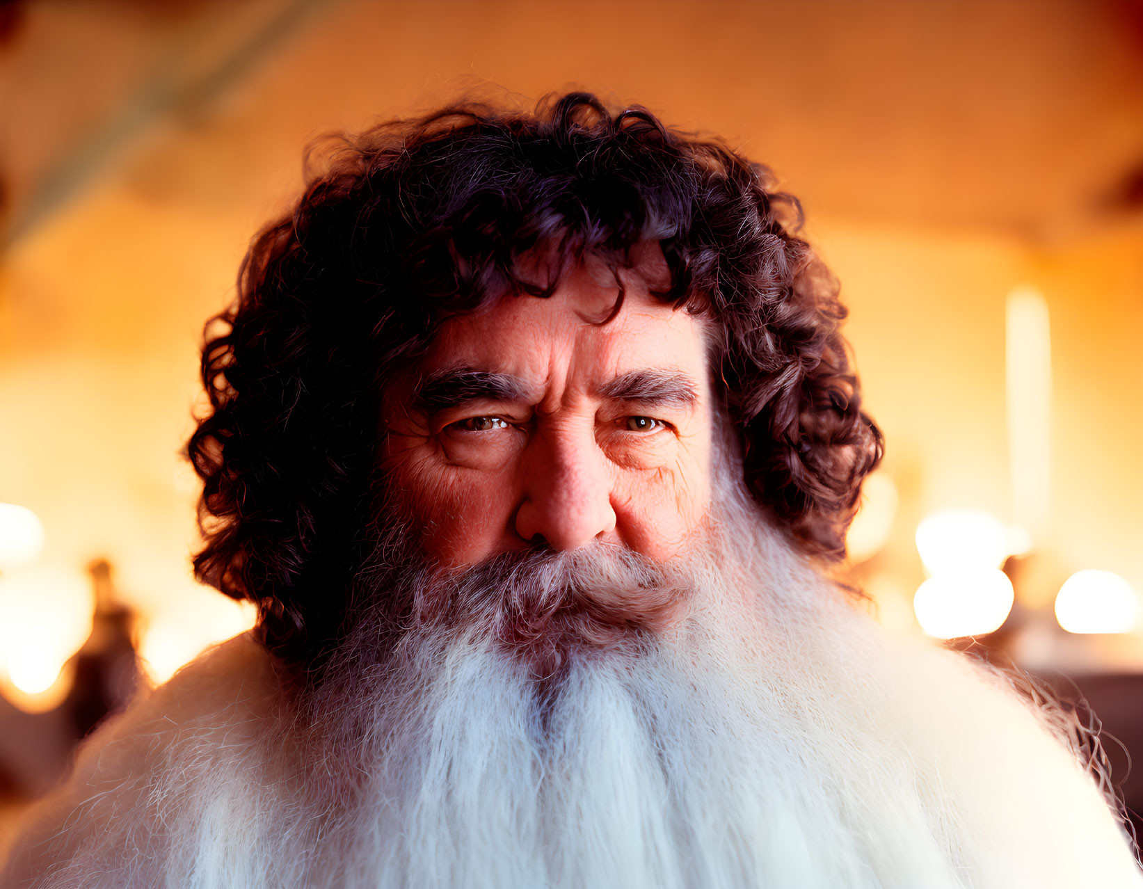 Portrait of man with thick white beard and black hair, serious expression, warm lighting.