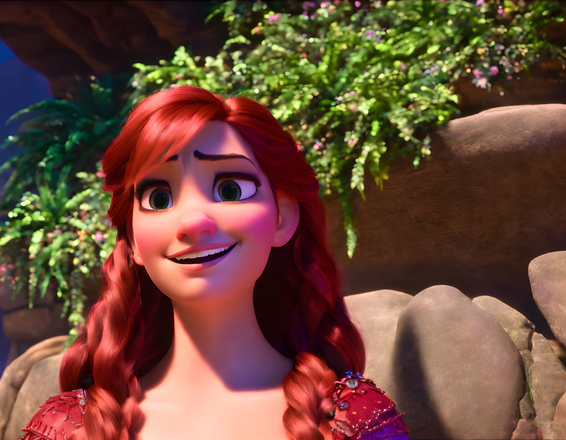 Red-haired female character smiling in whimsical 3D animation