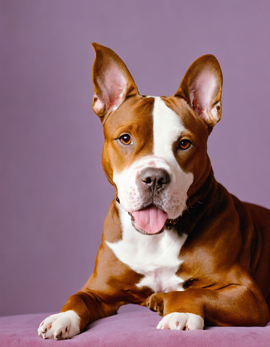 Brown and White Dog with Perked Ears on Purple Background