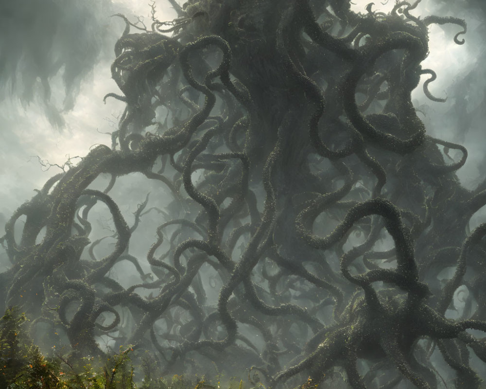 Enormous twisted tree in misty enchanted forest