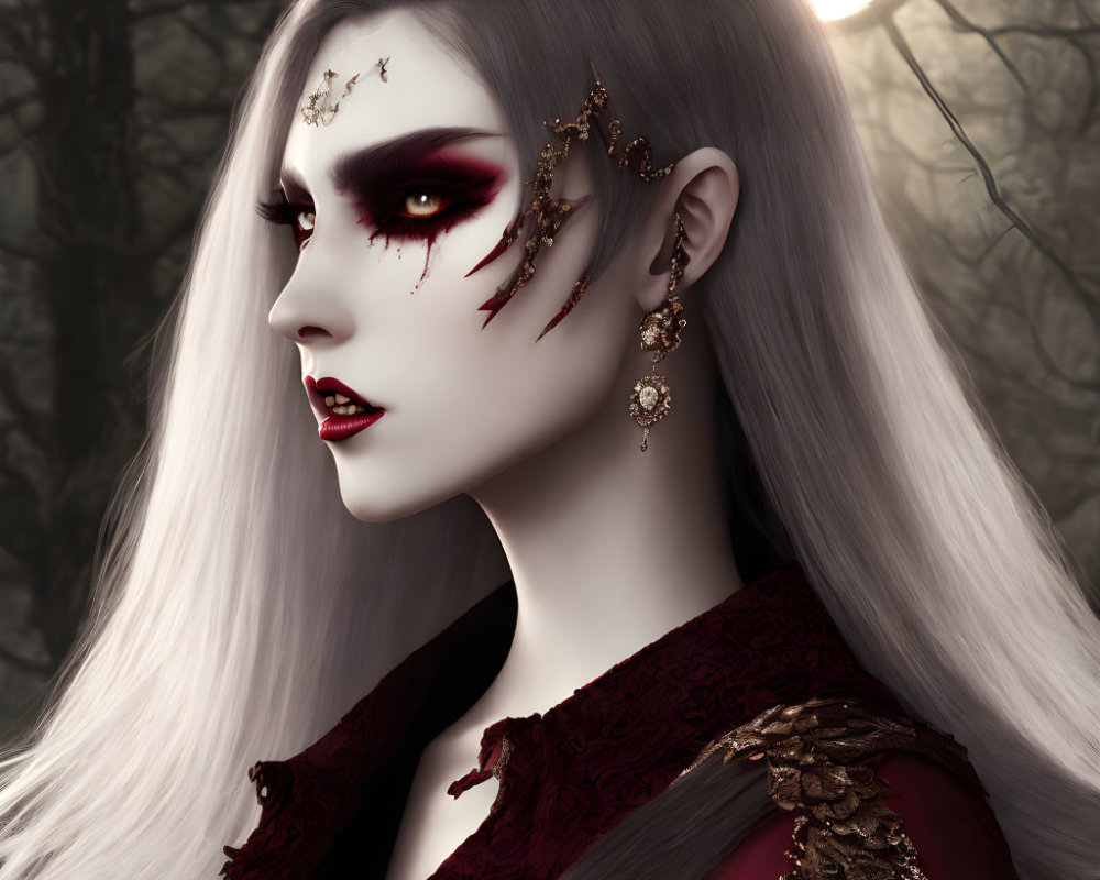 Pale woman with dark eye makeup and red tears in misty forest setting