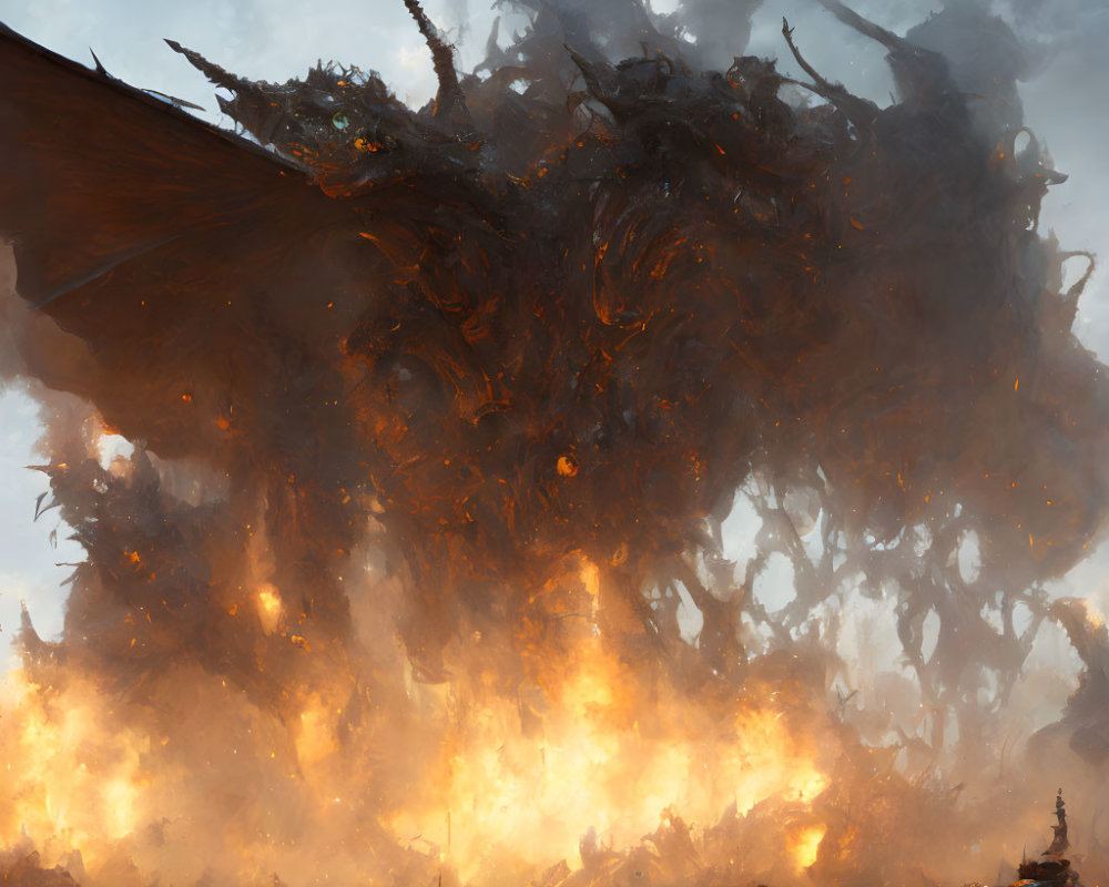 Fiery battle scene with winged demonic figure and chaotic inferno