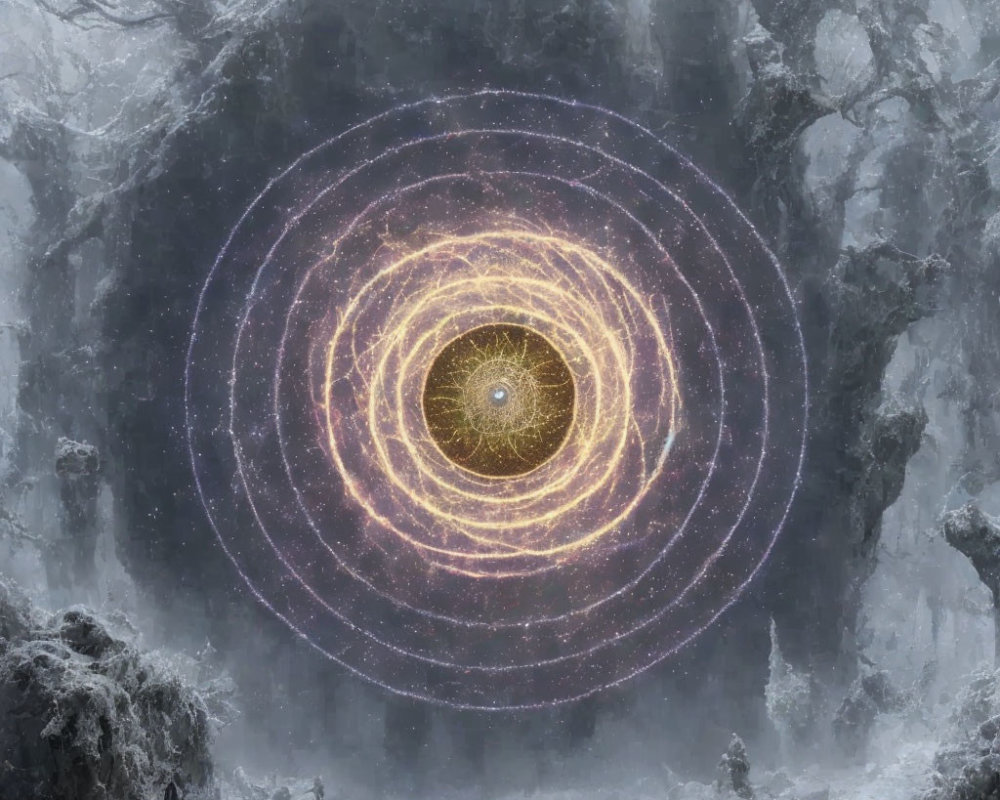 Golden spiral galaxy in misty forested landscape with ice and frost