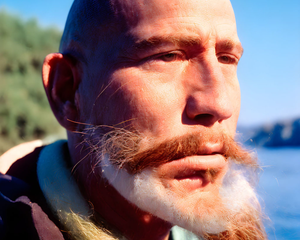 Intense bald man with white goatee in close-up shot