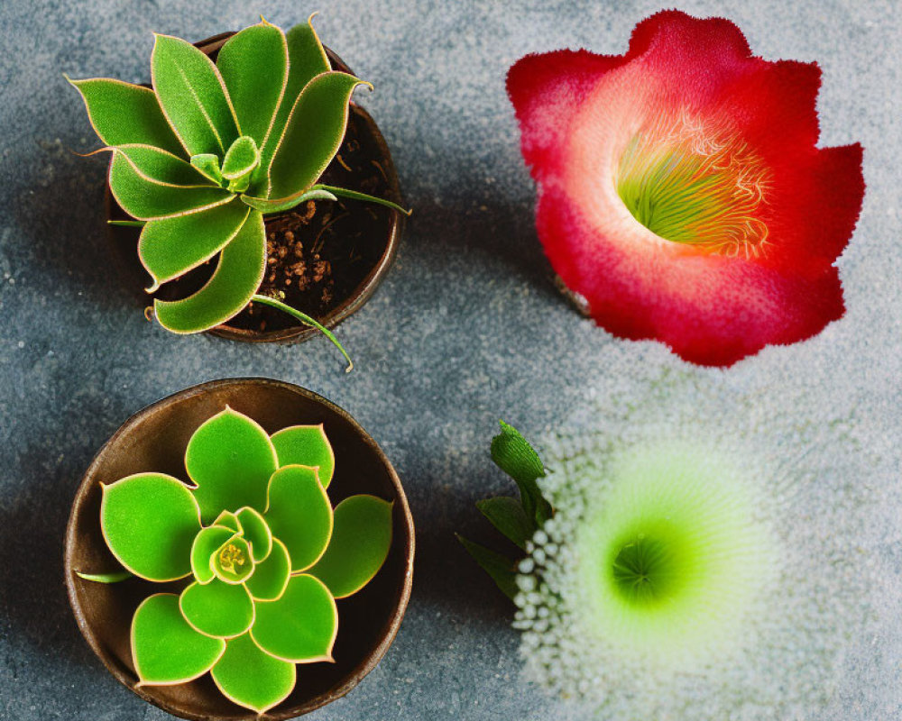 Green Succulent Plants and Red Flower with Kiwi Slice on Grey Surface