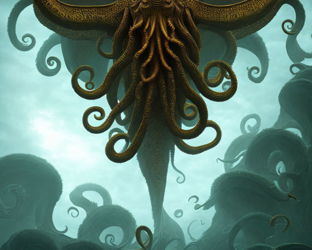 Giant octopus with intricate patterns in misty aqua environment