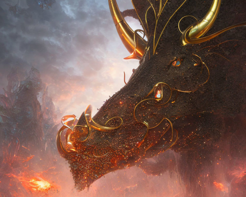 Majestic dragon with golden horns in fiery moonlit landscape