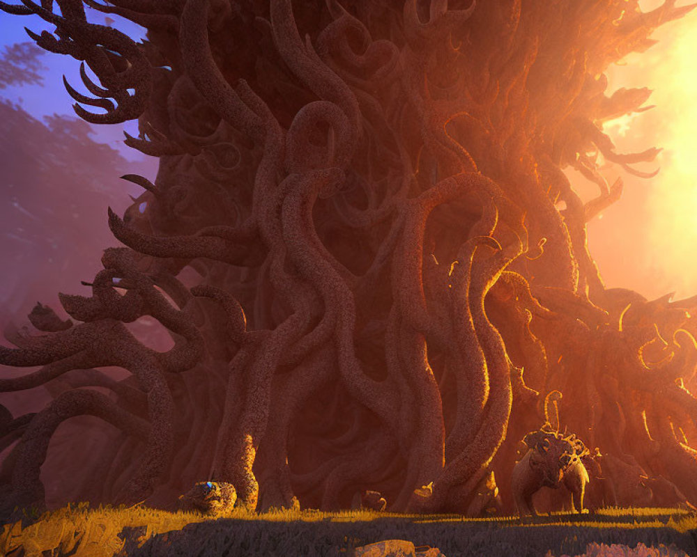 Enormous intricate tree with creatures and field