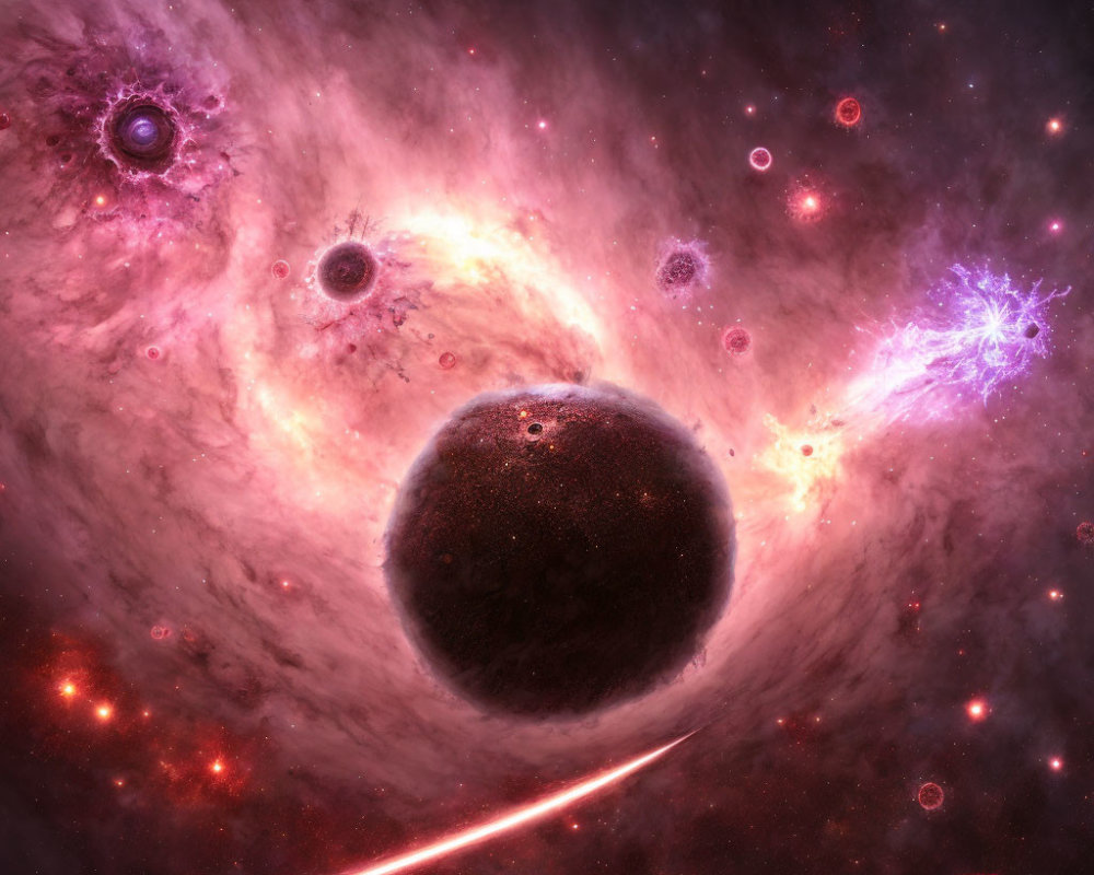 Dark Textured Planet Surrounded by Glowing Nebulae and Stars