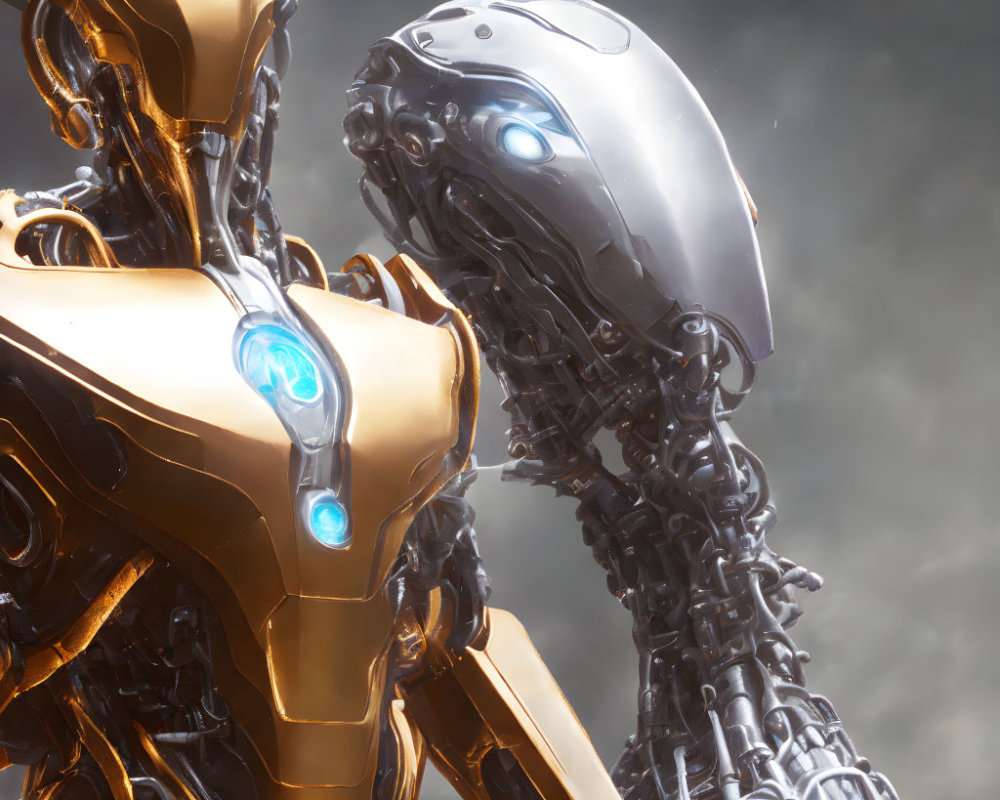 Detailed Close-Up of Two Intricately Designed Humanoid Robots