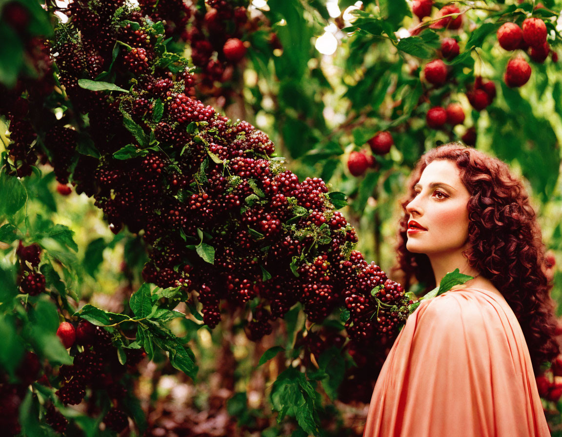 Curly-haired woman in forest admiring red berries on bush