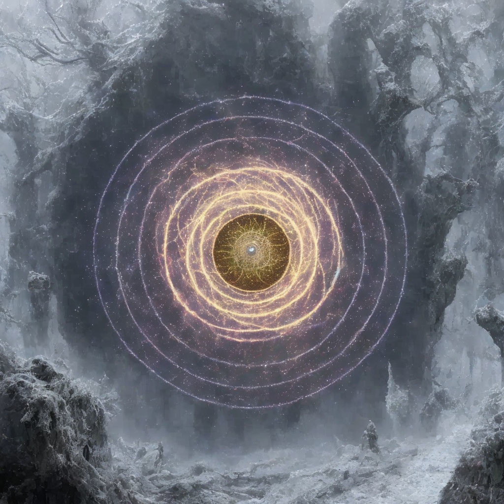 Golden spiral galaxy in misty forested landscape with ice and frost