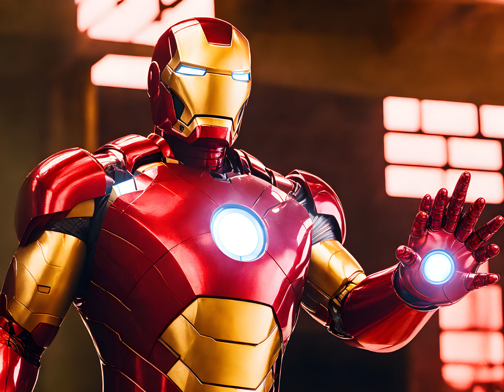 Glowing Iron Man Suit with Chest Reactor and Hand Repulsors on Red Background