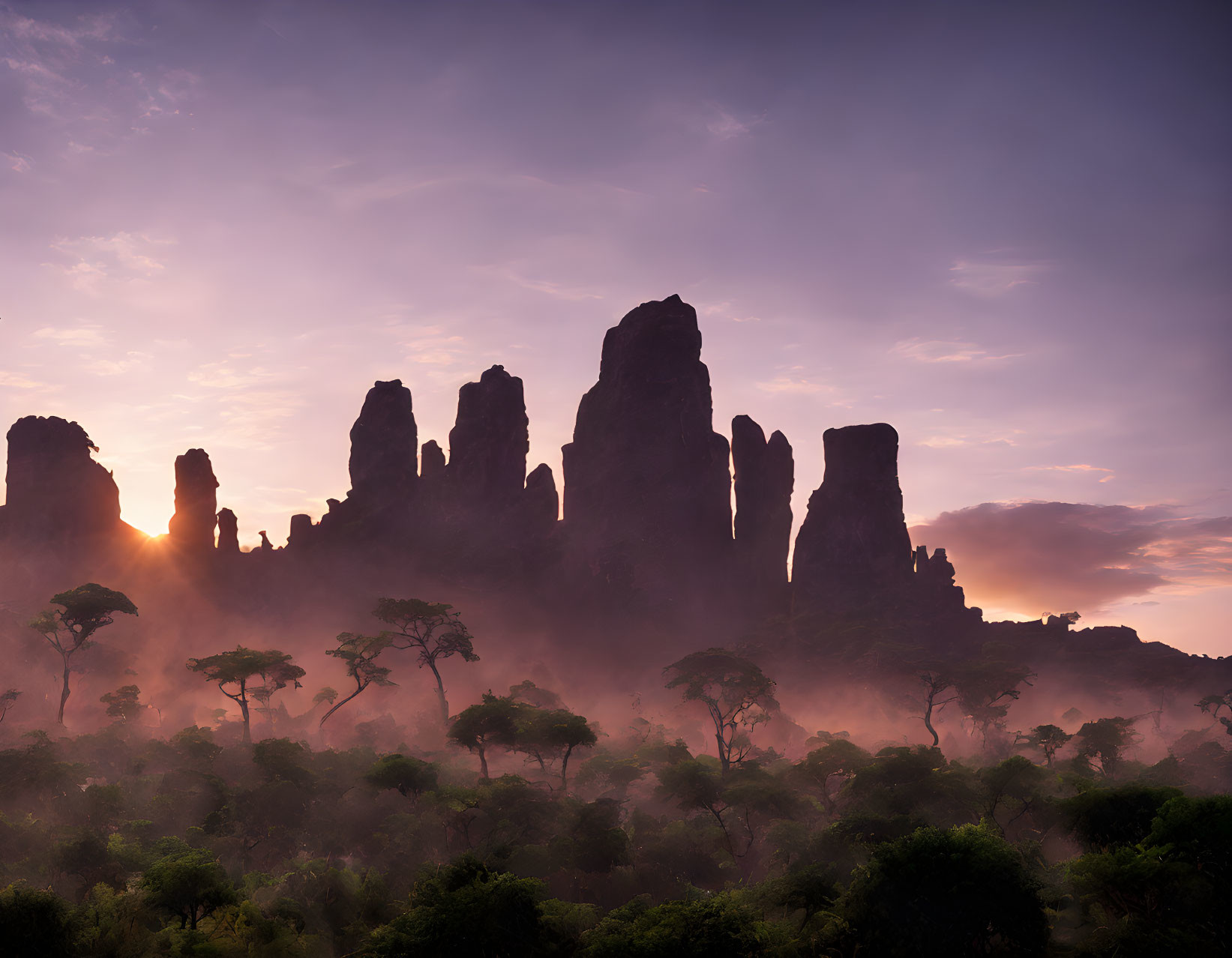 Majestic Sunrise Silhouettes Rock Formations in Forest