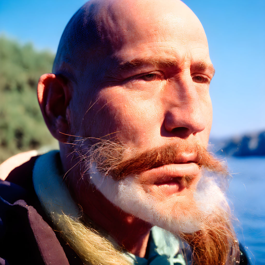 Intense bald man with white goatee in close-up shot