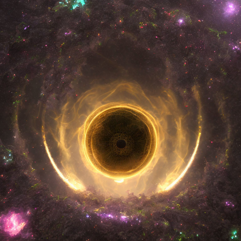 Radiant golden black hole in vibrant cosmic scene