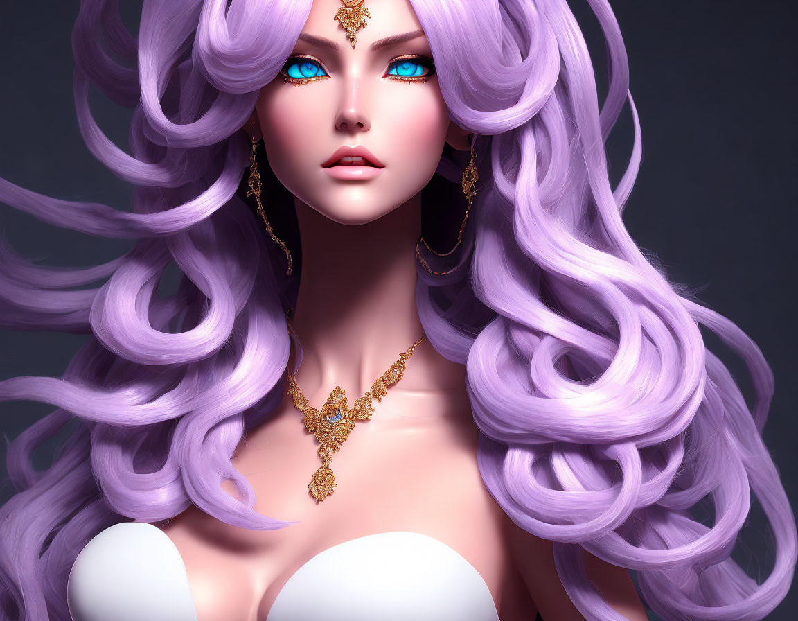 Vivid illustration of woman with purple hair, blue eyes, and intricate golden jewelry