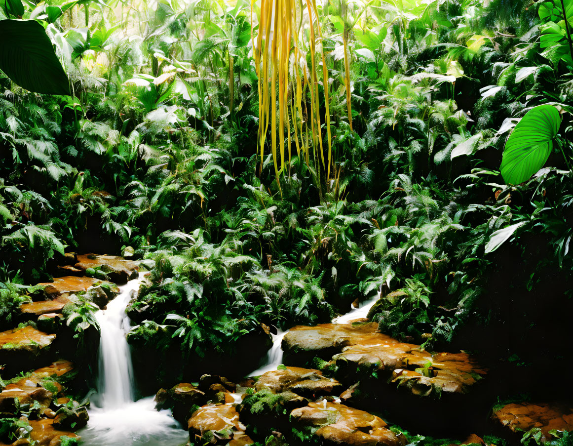 Verdant landscape with waterfall and yellow roots in dense foliage