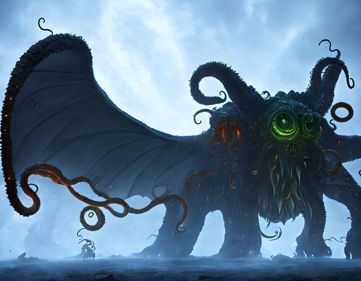 Majestic mythical creature with tentacles and wings in misty landscape